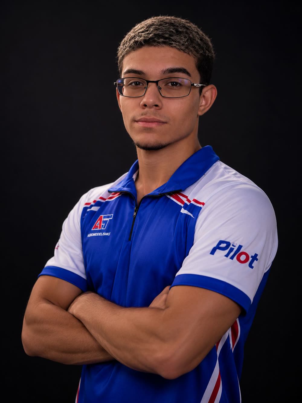 Retrato de Breno Vilarim com uniforme de piloto de aeromodelismo